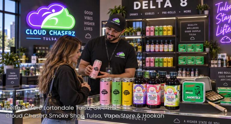Friendly staff member helping a shopper choose hemp beverages at Cloud Chaserz, a top delta 8 store tulsa offers.