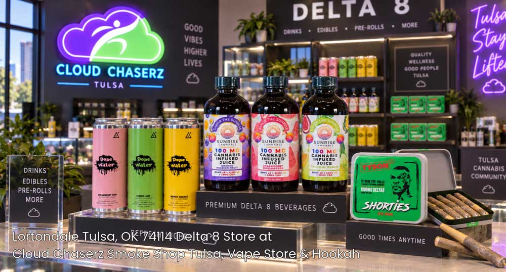 Assortment of Delta 8 drinks and pre-rolls on display at Cloud Chaserz, your trusted local delta 8 store tulsa shop.