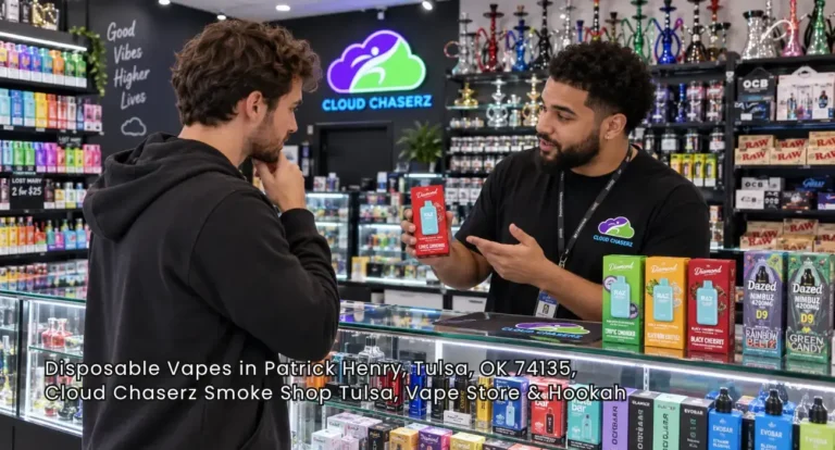 disposable-vapes-tulsa-cloud-chasers-customer-consultation Store staff assisting a customer with top disposable vapes tulsa options at Cloud Chaserz Smoke Shop inside.