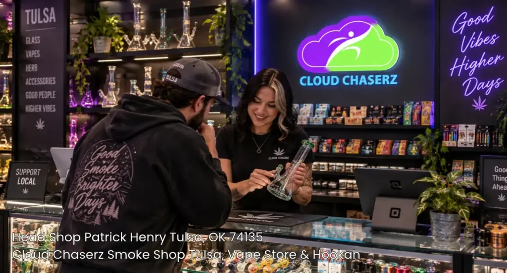 A friendly clerk showing glass water pipes to a customer inside Cloud Chaserz, a top-rated head shop Tulsa offers.