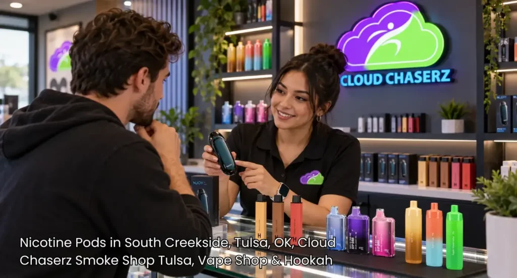 Friendly staff showing a premium vape device and nicotine pods Tulsa customers love at Cloud Chaserz smoke shop.