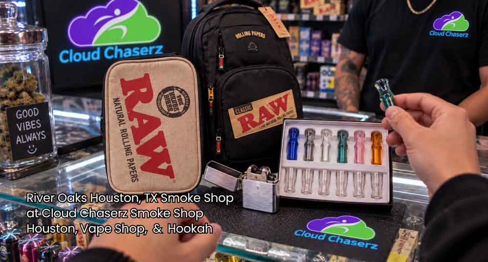 Customer examining RAW smoking accessories and glass tips at Cloud Chaserz, a premier smoke shop houston retailer