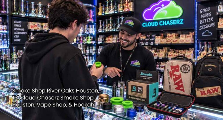 A friendly staff member assisting a customer inside Cloud Chaserz, a top smoke shop houston TX location in River Oaks