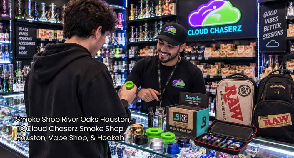 A friendly staff member assisting a customer inside Cloud Chaserz, a top smoke shop houston TX location in River Oaks