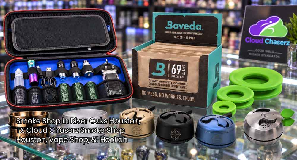 Display of vape gear, Boveda packs, and hookah accessories at Cloud Chaserz smoke shop houston TX in River Oaks