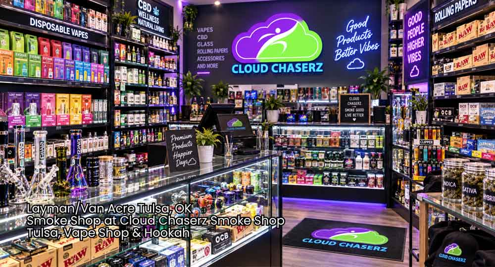 Interior view of Cloud Chaserz smoke shop Tulsa featuring display cases filled with glass pipes, vapes, and CBD.