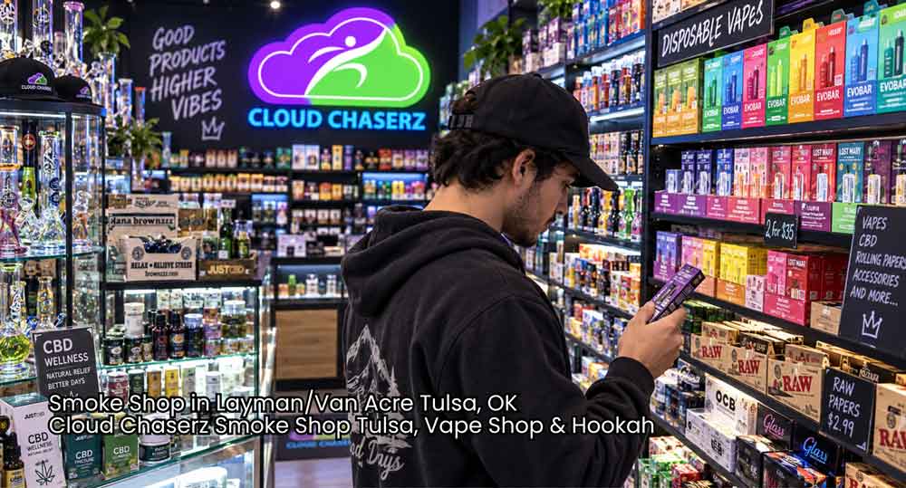 Customer browsing disposable vapes and CBD products on fully stocked shelves at a local smoke shop Tulsa store.