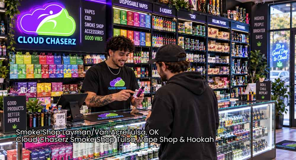 Friendly staff member assisting a customer at the counter of Cloud Chaserz smoke shop Tulsa with vapes on display.