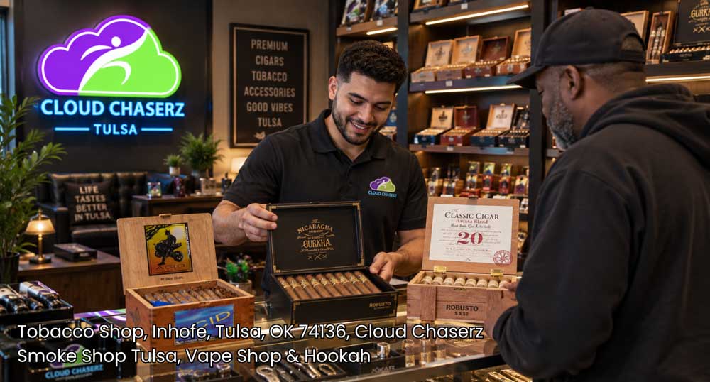 Store clerk helping a customer choose premium cigars inside Cloud Chaserz, a premier tobacco shop Tulsa smokers visit.