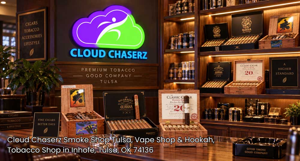 Selection of fine tobacco products and cigars on display at Cloud Chaserz, the ultimate tobacco shop Tulsa location.