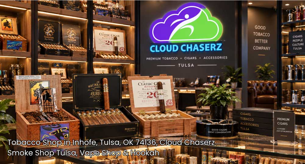 Premium cigar boxes displayed on a counter at Cloud Chaserz, a top-rated tobacco shop Tulsa offering fine cigars.
